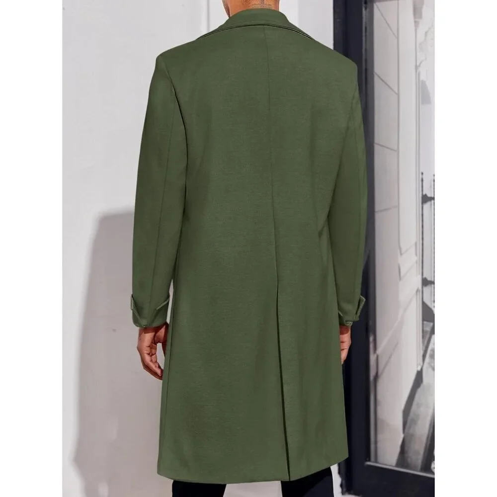 Men's Army Green Notch Lapel Double Breasted Trench Coat Cotton Blend Pea coat